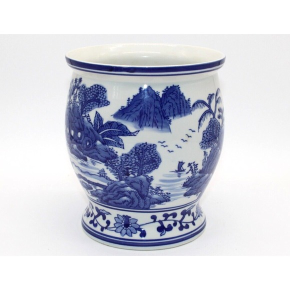 Blue & White Italian Jar Fine China,  7.5" Asian Jar Red Envelope - Picture 2 of 6